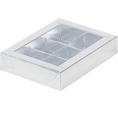 Коробка на 6 конфет Серебро с прозрачной крышкой 15.5х11.5х3 см