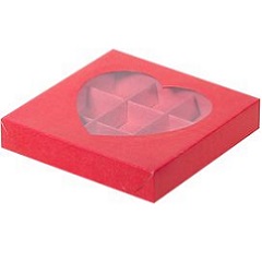 Упаковка для конфет на 9 шт с окном сердце Красное 15.5*15.5*3.0 см.
